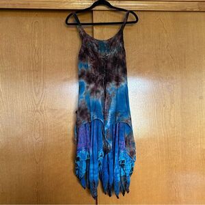 Y2K Lapogee Tie Dye Applique Smocked Flowy Asymmetric Midi Tank Dress One Size
